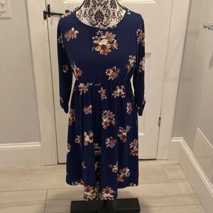 French Grey Navy Fall Floral Maternity Midi Dress 3/4 sleeves empire waist